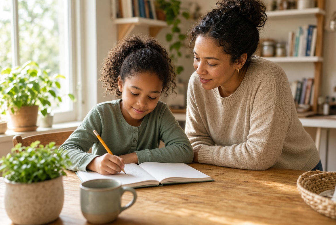 Parent sitting with a child who is writing in a notebook at the kitchen table
