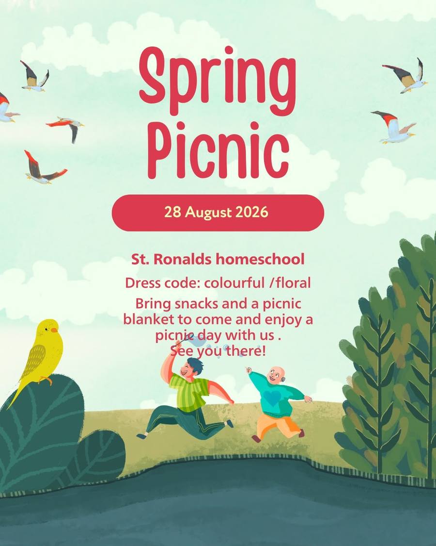Spring Picnic poster for St. Ronald's Homeschool – 28 August 2026, colourful / floral dress code