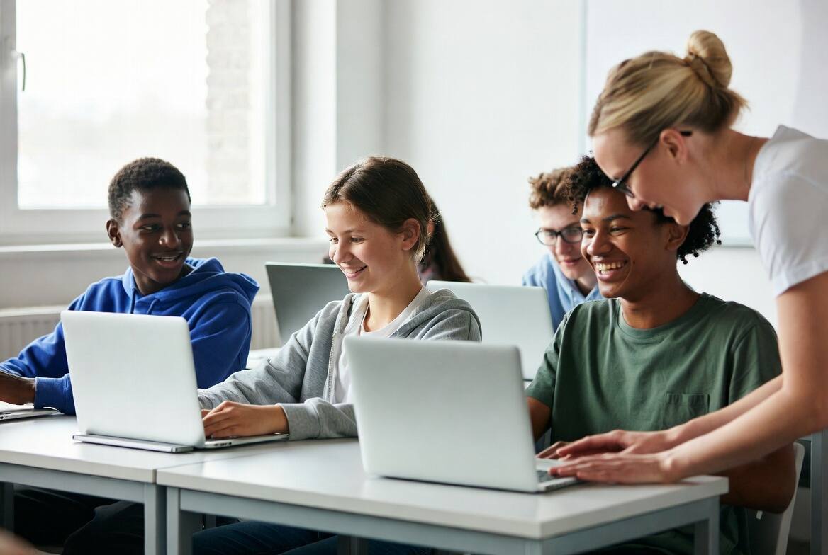 Teacher assisting students with open laptops at St. Ronald's Homeschool in Brackenhurst, Alberton